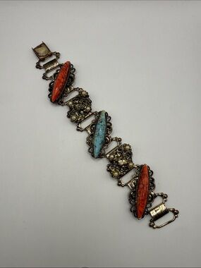 Vintage Gold Tone Blue Red Beaded Chunky Bangle Cuff Statement Bracelet